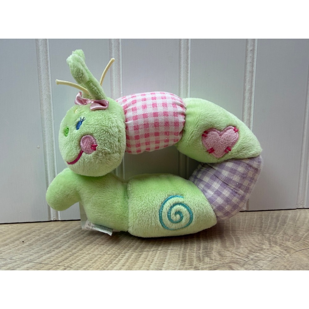 Green Caterpillar Plush Rattle Pink Purple Gingham Heart 3415262 Baby Toy